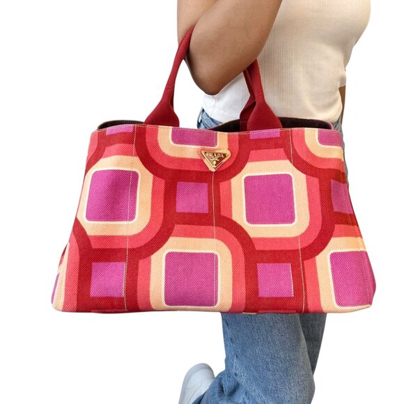PRADA Vintage Logo Tote Bag Canapa Stampata Canvas Multicolor Red Pink  [105524] - Picture 2 of 15